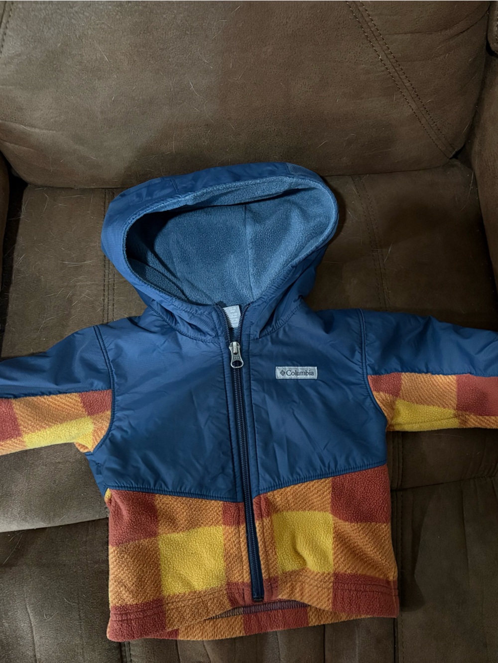 Columbia Kids Blue Jacket with Yellow & Orange Plaid Fleece Hood